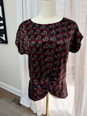 Beyond Vintage Black Silk Blouse with Red Rose Print - Sz L